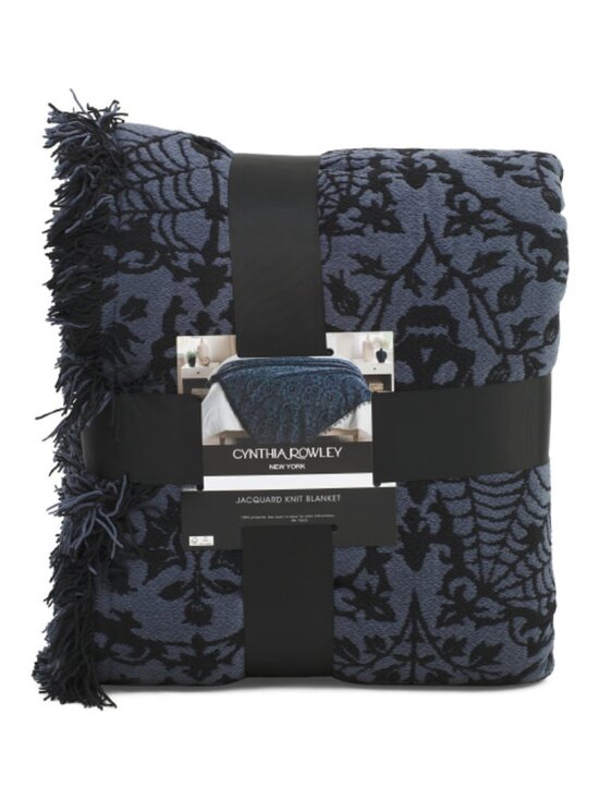 Cynthia Rowley Other - CYNTHIA ROWLEY Blue and Black Jacguard Fringe Halloween Knit Blanket